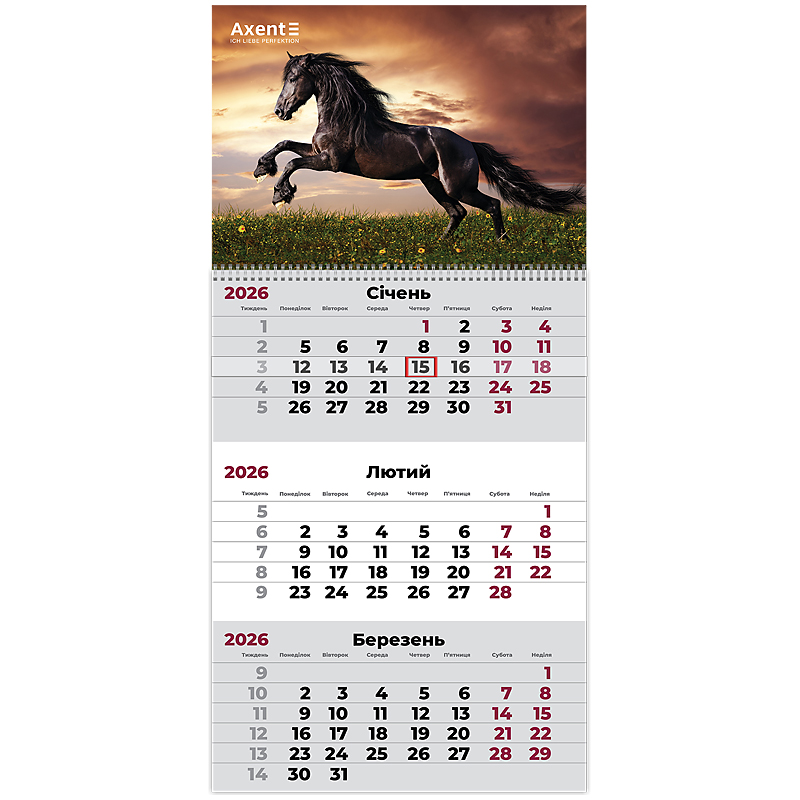 Календар настінний квартальний на 2026 р., AXENT, 1 пружина, малюнок асорті (8801-26-A)